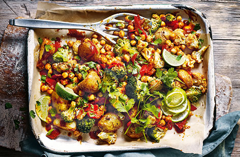 In this delicious dinner idea for two, we've taken the classic flavours of aloo gobi and reinvented them as a tasty traybake recipe