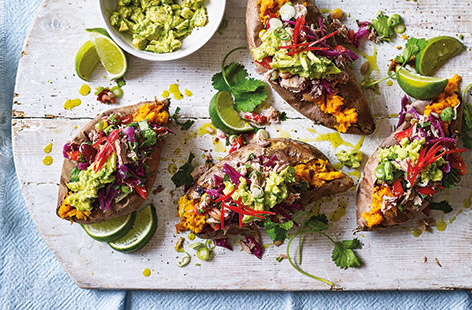 Upgrade baked sweet potatoes with a colourful zesty tuna salsa for an easy family dinner idea