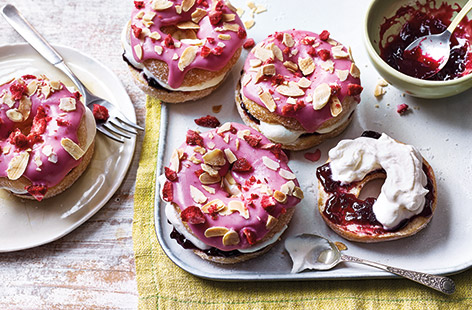 These pretty pink Bakewell tart-inspired doughnuts are easy to make and perfect for sharing