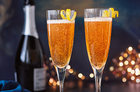 See the New Year in in style with a glass of bubbly Champagne, mixed with fruity brandy and bitters for an extra sweet twist.