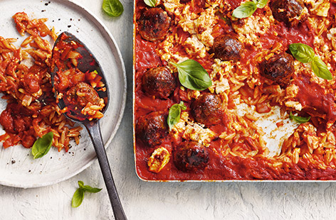 Packed with rich Italian flavours, this oozy meatball orzo traybake recipe is the ultimate comfort food for chilly weather. Make ahead and freeze, or prep and cook in under an hour for a simple yet super-satisfying supper.