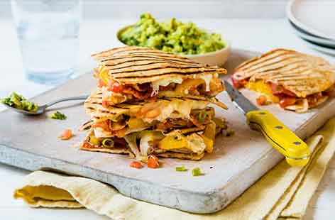 Get creative with your BBQ and try a Mexican-inspired chicken, chorizo and mozzarella quesadilla for an al fresco lunch. 