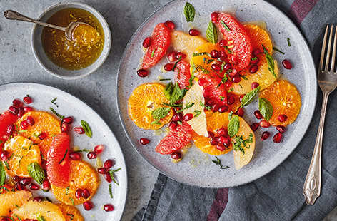 Seasonal clementines are sweet, juicy and packed with fresh flavour. Pair with sharp grapefruit and pomegranate jewels and finish with ginger-spiced honey and fresh mint for a vibrant citrus salad that makes the perfect winter starter, breakfast or dessert