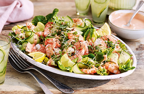 Prawn cocktail is an enduring retro classic, but this speedy 15-minute recipe gives it a modern makeover to create the perfect stress-free summer starter. Elegant cucumber ribbons, crisp lettuce and prawns are drizzled with a spicy sriracha mayo.