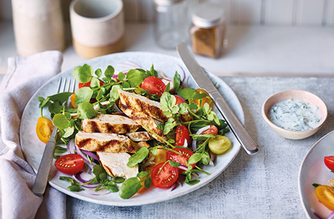 Give your summer salad a boost with this spicy, Indian-inspired chicken salad recipe. Smoky griddled chicken, peppery watercress and a herby coriander dressing make a quick and easy lunch – enjoy warm or pack up for lunchboxes.