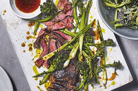 Sweet, earthy purple sprouting broccoli pairs brilliantly with bold flavours like those in this vibrant chilli-mango dressing and rich, meaty rump steak