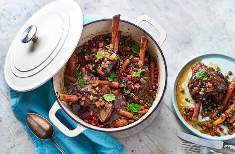 Cooked slowly, this easy lamb shanks recipe makes a great alternative to a Sunday roast. Simmered in sweet, tangy pomegranate juice, the lamb shanks become meltingly tender and the sauce develops a rich, meaty flavour