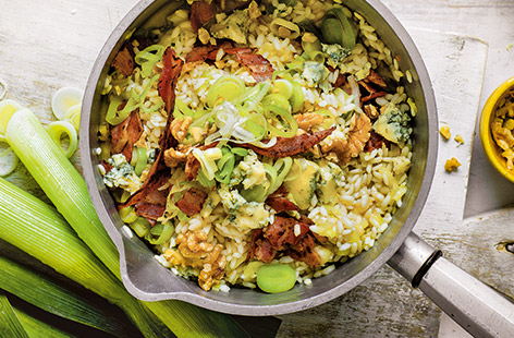 Tender leeks are in season during the winter months, and their delicate flavour makes them the perfect partner for tangy blue cheese and salty bacon in this comforting, indulgent risotto