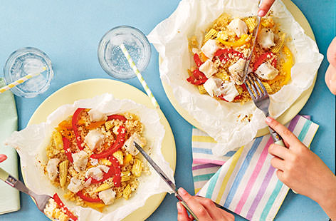 Your budding chefs will love getting stuck in in the kitchen with these vibrant fish and veggie couscous parcels. Not only are they a great way of introducing kids to cooking with fish, but they're also healthy and can be on the table in just half an hour