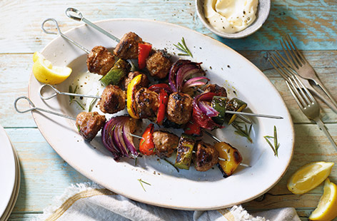 Throwing a barbecue? These meatball and Mediterranean vegetable kebabs are sure to be a real crowd-pleaser but are so easy to make, you could rustle them up for a speedy dinner any time the sun is shining.