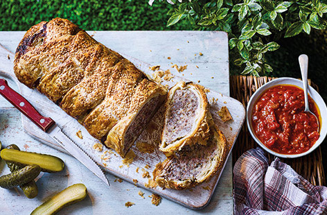 This generous meatloaf pie, wrapped in buttery puff pastry and served with a classic tomato sauce, is the perfect centrepiece for your picnic and is equally delicious hot or cold. 