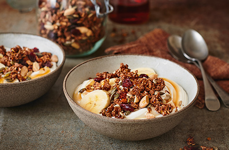 Enjoy your morning coffee fix in a new way with this delicious vegan mocha granola, perfect for making ahead for a speedy breakfast
