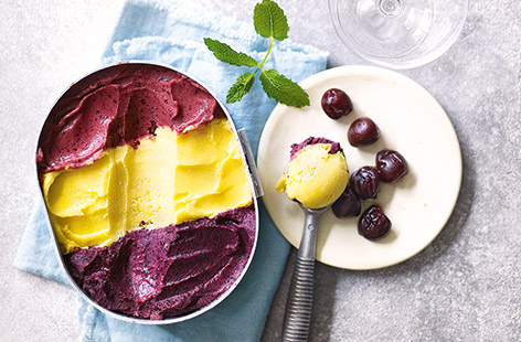 Why pick just one flavour when you can have three? Mango, blueberry and cherry sorbets line up for this colourful fruity twist on a classic Neapolitan.