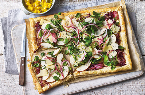 Channel all the flavours of a classic Ploughman's lunch with this easy vegetarian tart recipe, made with shop-bought puff pastry to save time