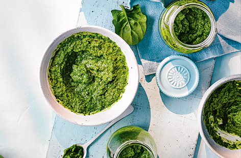 Quick, easy and perfect for those following a vegan diet, this spicy spinach sauce recipe is great for dolloping on fried eggs, houmous, or yogurt, or as a dip with your favourite crudités