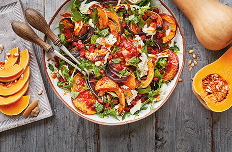 Butternut squash is a great addition to this colourful, peppery salad with creamy mozzarella, sweet red onions and smoky chorizo.
