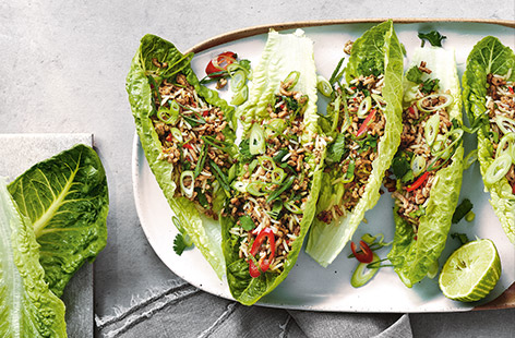 This speedy Thai pork recipe is ready in just 30 minutes for an easy, healthy dinner. Crisp lettuce leaves are filled with rice and pork cooked in fresh Thai flavours of fiery ginger, red chilli and lemongrass.