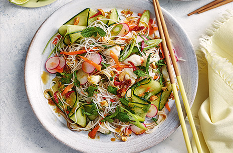 This colourful noodle salad recipe with crab and crisp vegetables is the ultimate speedy dinner idea for two