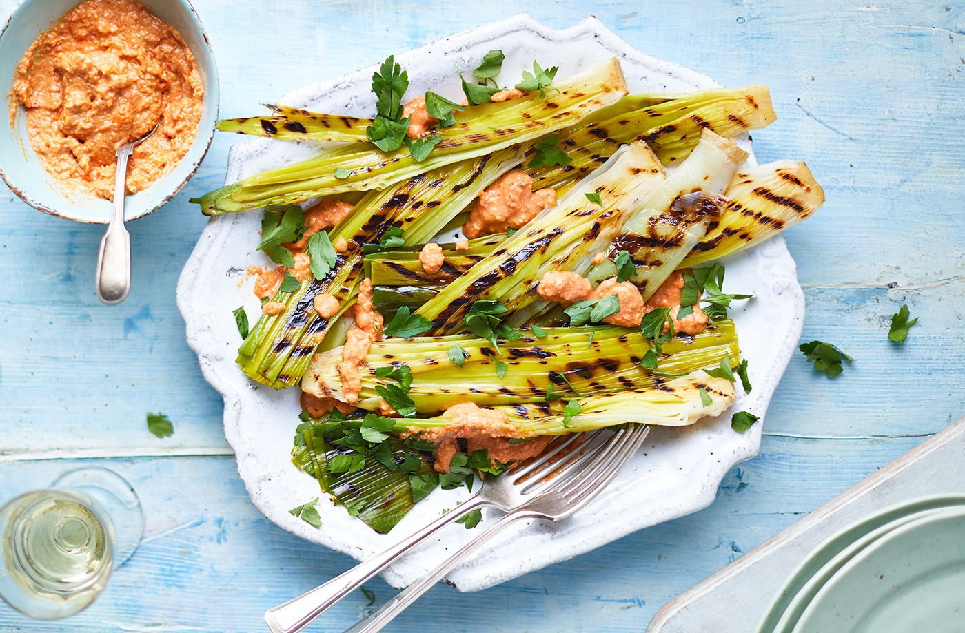 Charred leeks with romesco sauce  recipe