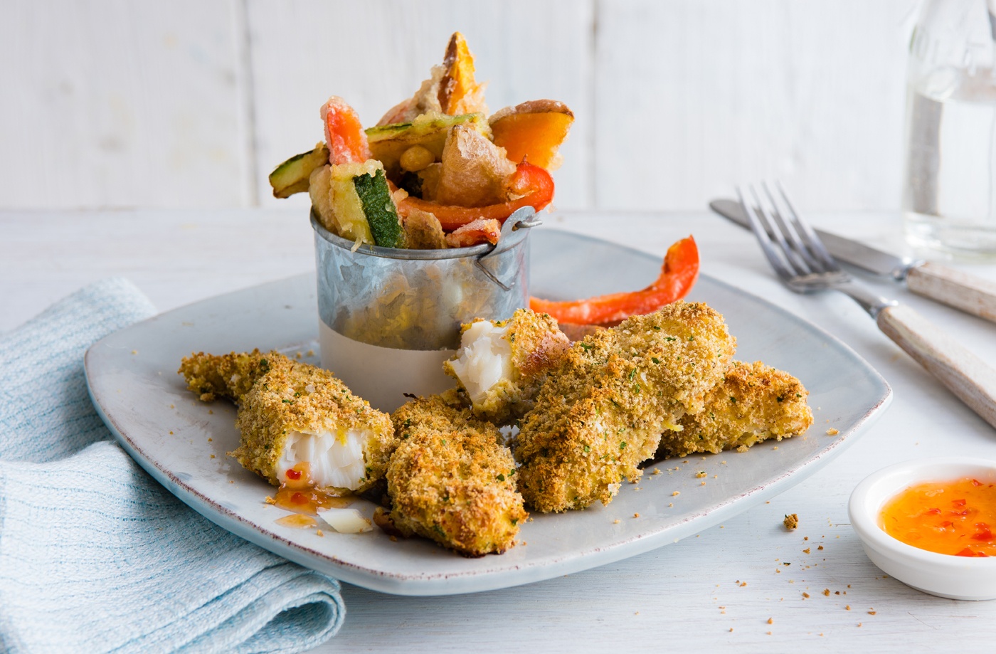 Cod goujons with tempura chips recipe