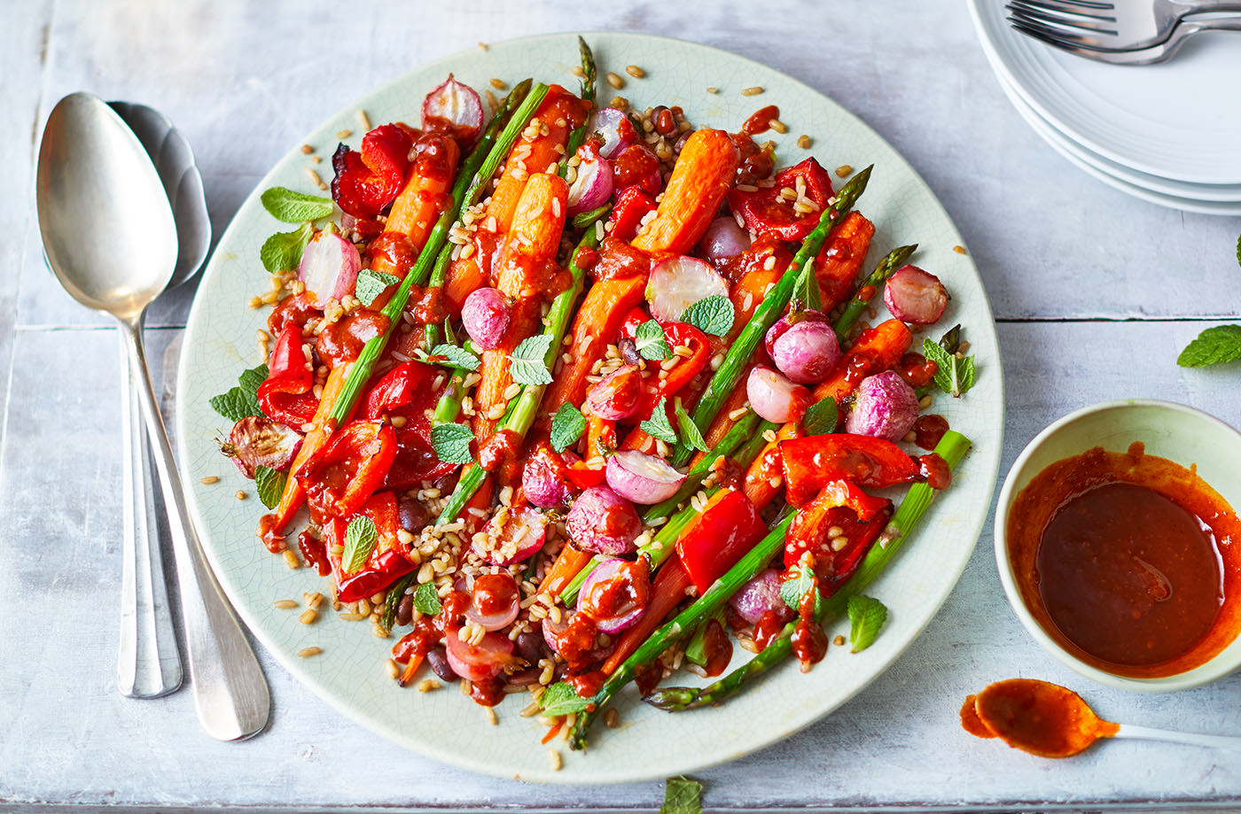 Spring veg bowl with harissa dressing recipe