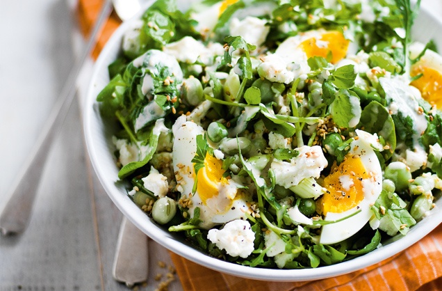 Feta, broad bean and egg salad with tahini dressing  recipe
