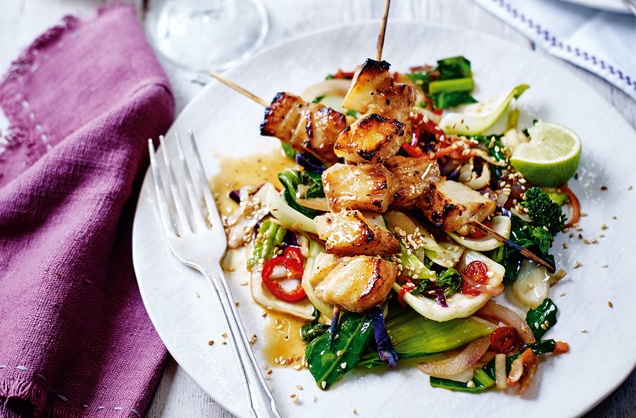 Miso-cod skewers with sesame greens recipe