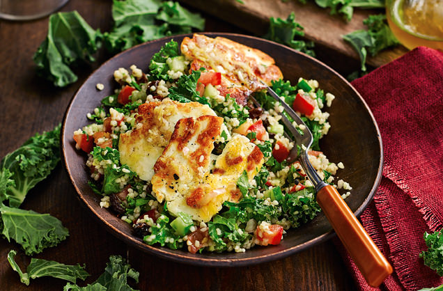 Raw kale tabbouleh with fried halloumi recipe