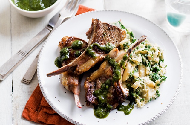 Lamb cutlets with butter bean mash and almond pesto recipe