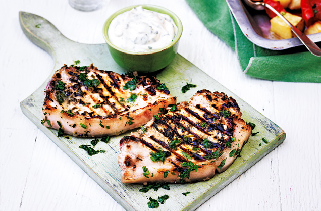Pork chops with roasted veg and garlic-herb mayo recipe