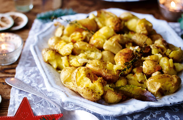 Smashed potatoes with thyme and bay recipe