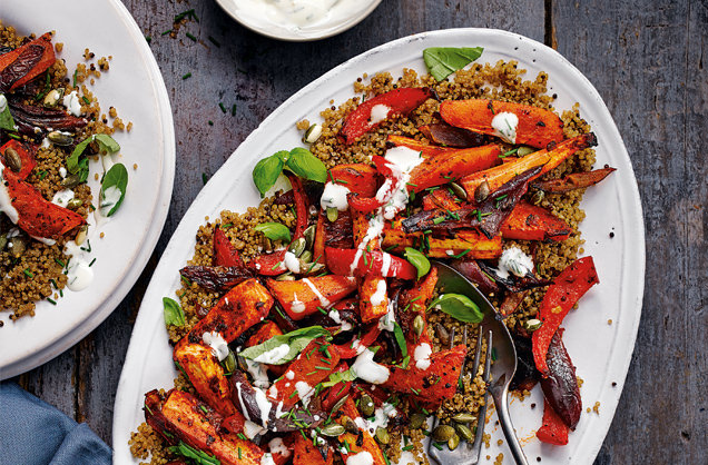 Harissa-roasted root veg with herby yogurt recipe