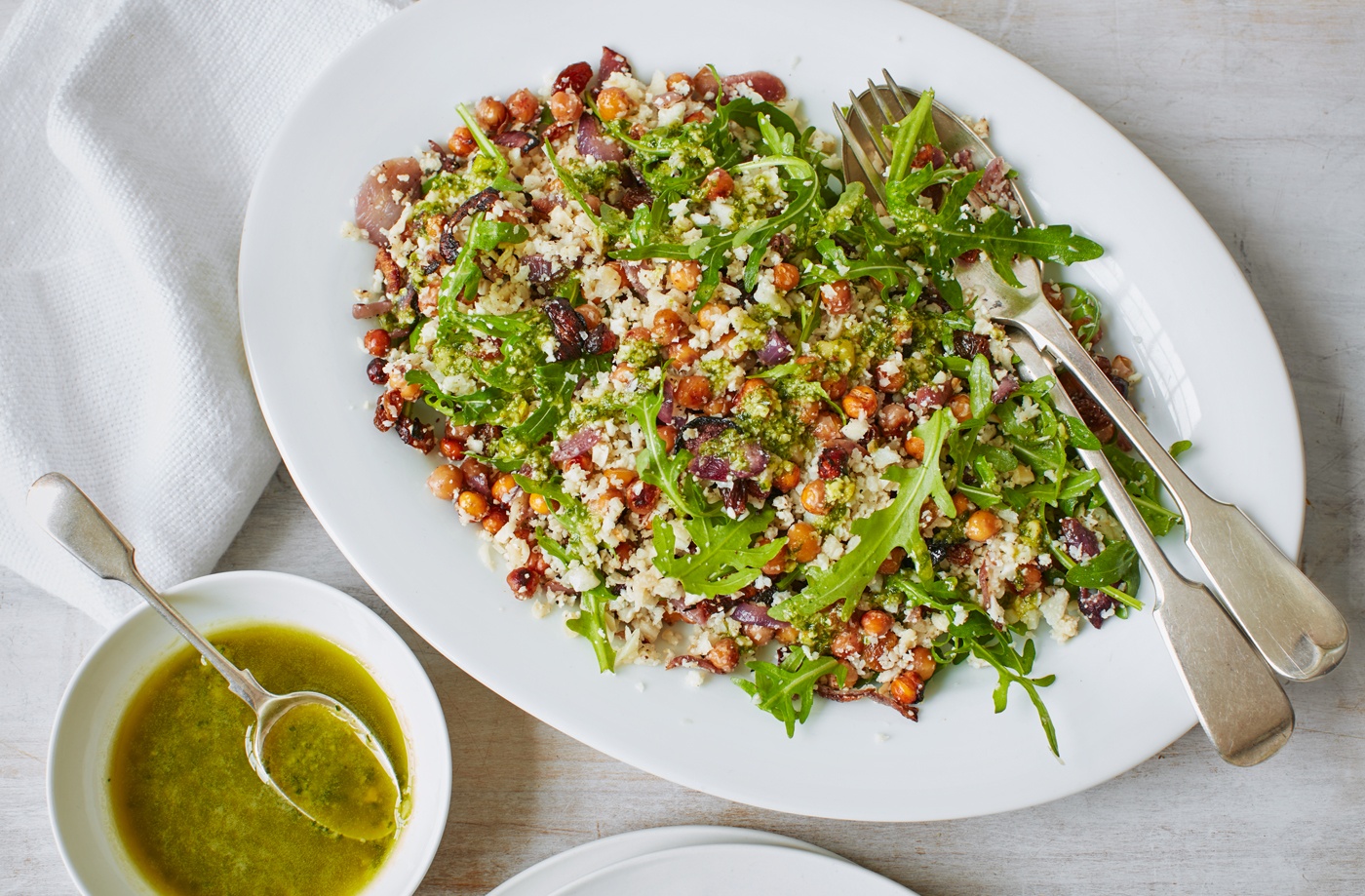 Cauliflower couscous and roasted chickpeas with pesto recipe
