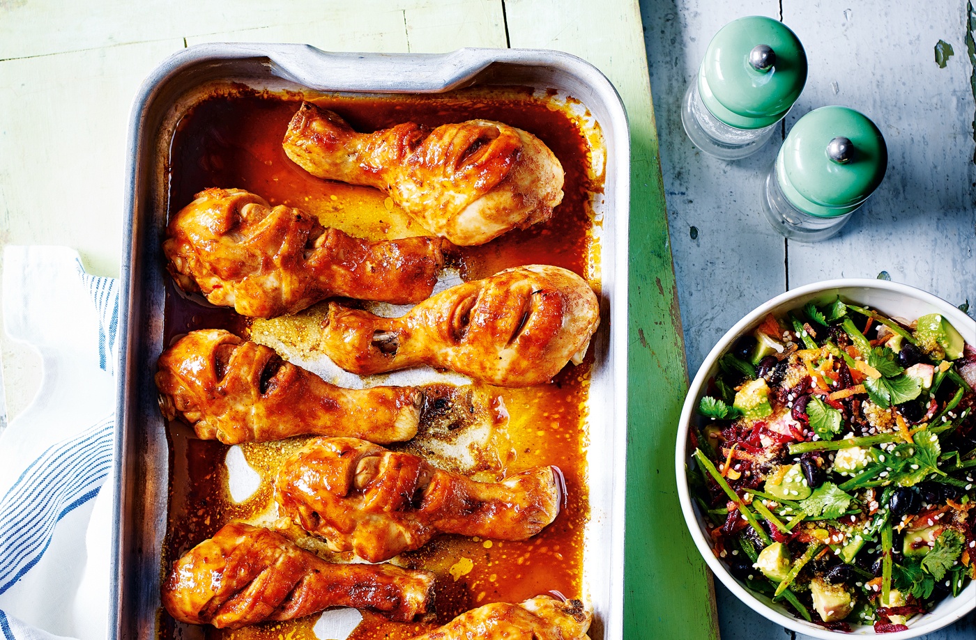 Sriracha chicken with beetroot, avocado and black bean salad recipe