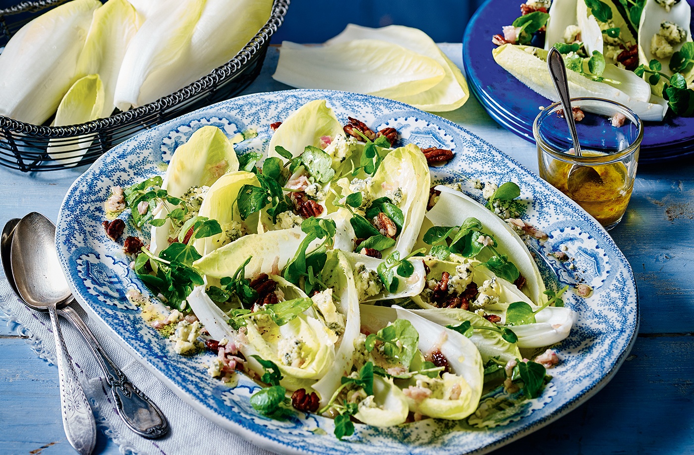 Chicory with blue cheese, watercress and sugared pecans recipe