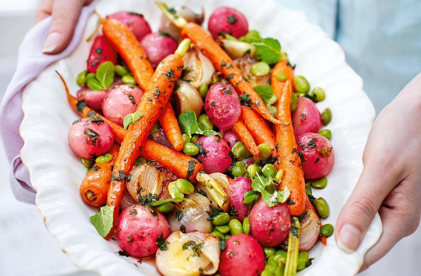 Glazed spring vegetables with mint dressing recipe