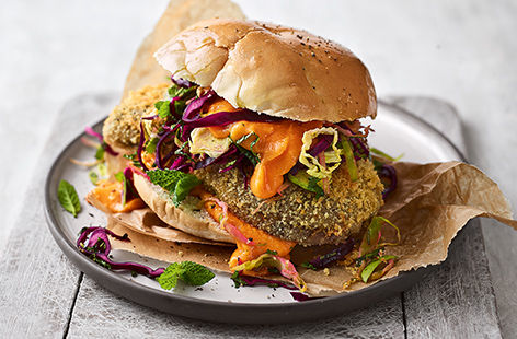 This vegan burger sneaks in plenty of extra veg, but still tastes irresistible. Crispy aubergines, sweet potato ‘mayo’ and a crunchy Brussels sprout slaw combine for a healthy flavour-packed lunch that feels like a treat.