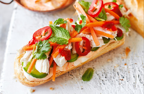 Get creative with your leftover roast chicken and rouse some lunch envy at the same time with our delicious spin on a classic Vietnamese baguette, loaded with sriracha mayo, pulled chicken, cucumber, pickled carrot, herbs and chilli