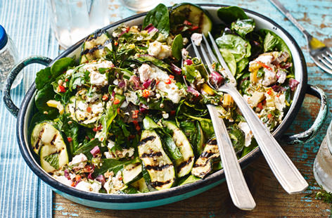 Get creative with your barbecue side dishes - parcels of creamy feta, rainbow chard, chilli and herbs are baked on the barbecue until gooey and loaded onto a bed of spinach, mint and gorgeously tender, smoky courgettes.