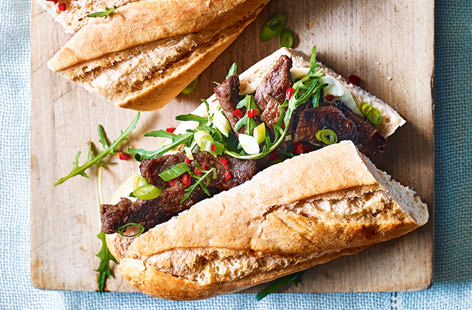 How do you improve on a classic Korean beef bulgogi stir fry? Put it between two slices of crunchy bread, slather on a layer of mayo and create a bulgogi baguette, of course. Marinate the beef ahead of time and this super sandwich can be made in less than 