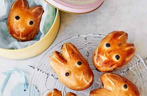 Kids will love this adorable twist on traditional hot cross buns, shaping the dough into cute, long-eared bunnies instead