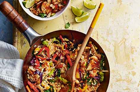 This fast midweek meal doesn't scrimp on flavour. Packed with chilli, lemongrass and ginger, this healthy chicken fried rice dinner can be on the table in just 15 minutes