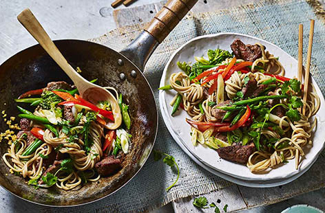 Swap your Friday night takeaway for a speedy homemade version. This pork noodle stir-fry is ready in just twenty minutes – quicker than a delivery! Using Chinese five-spice means you don’t have to juggle lots of individual herbs and spices.