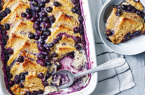 For a fresh spin on a British classic, here we make bread and butter pudding with sweet fruit jam and studded with fresh blueberries. This sweet pud also happens to be dairy free and vegetarian. Serve with your favourite sides.  