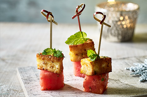 These quick meat-free canapés are a fab combination of lightly spiced feta and refreshing watermelon: just the ticket alongside a festive glass of bubbly.