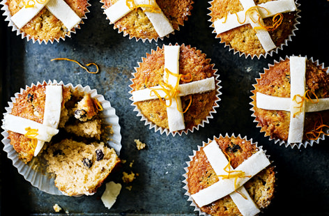 There’ll always be a place for buns at Easter but these orange hot cross cupcakes make a zesty twist. The orange cuts through the richness of the almond marzipan topping and the cake is studded with currants and mixed peel