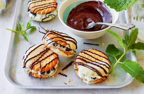 Sandwich scoops of mint and chocolate chip ice cream between rich shortie biscuits for a deliciously simple summer sweet treat that makes the most of a heavenly flavour combo