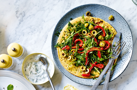 Give savoury pancakes a go this Pancake Day – these Mediterranean socca pancakes make a deliciously a simple vegan dinner as they're just made with gram flour and water, then topped with lots of tasty veg for an easy meal any time of day. 