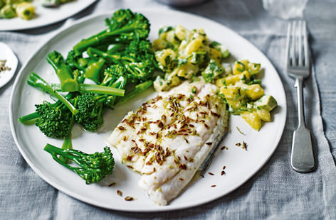 For a quick, midweek meal for two, these cumin-spiced sea bass fillets are fresh and vibrant. The mango, avocado and coriander salsa adds a tropical vibe, with a hot kick from the horseradish sauce. 
