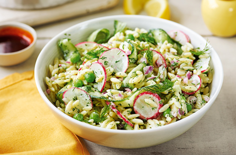 This vibrant Turkish-inspired bowl is loaded with gorgeous spring flavours. Orzo, a rice-shaped pasta, works perfectly with crunchy veggies and a velvety paprika butter to make a filling salad that is sure to rouse some serious lunch envy